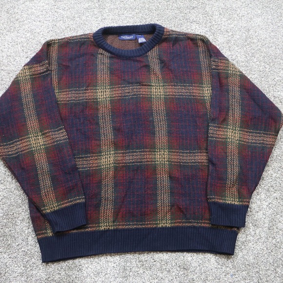 vintage Van Heusen Sweater Men's XL Plaid Red Blue Green Acrylic Knit - Picture 1 of 10